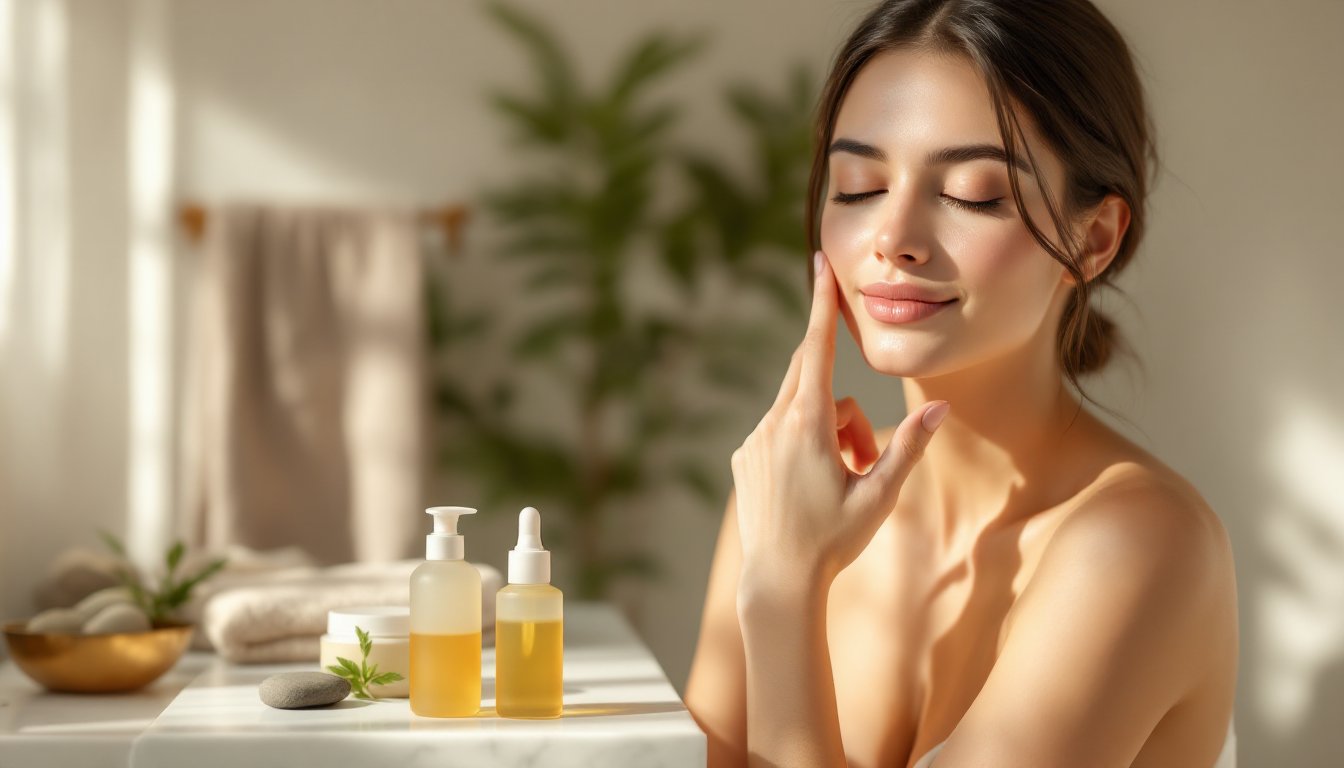Woman with glowing bare skin beside three minimalist skincare products in soft morning light.