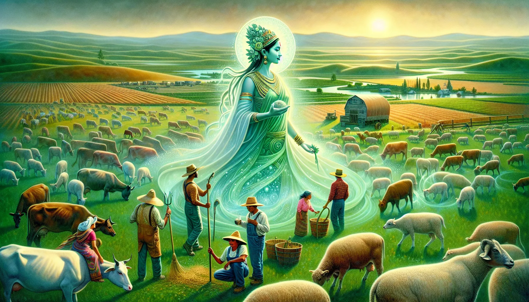 depiction of Gowthalamma as a guardian of agriculture with farmers and cattle.