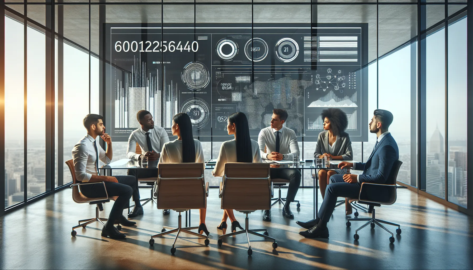 diverse professionals discussing data in a modern workspace.