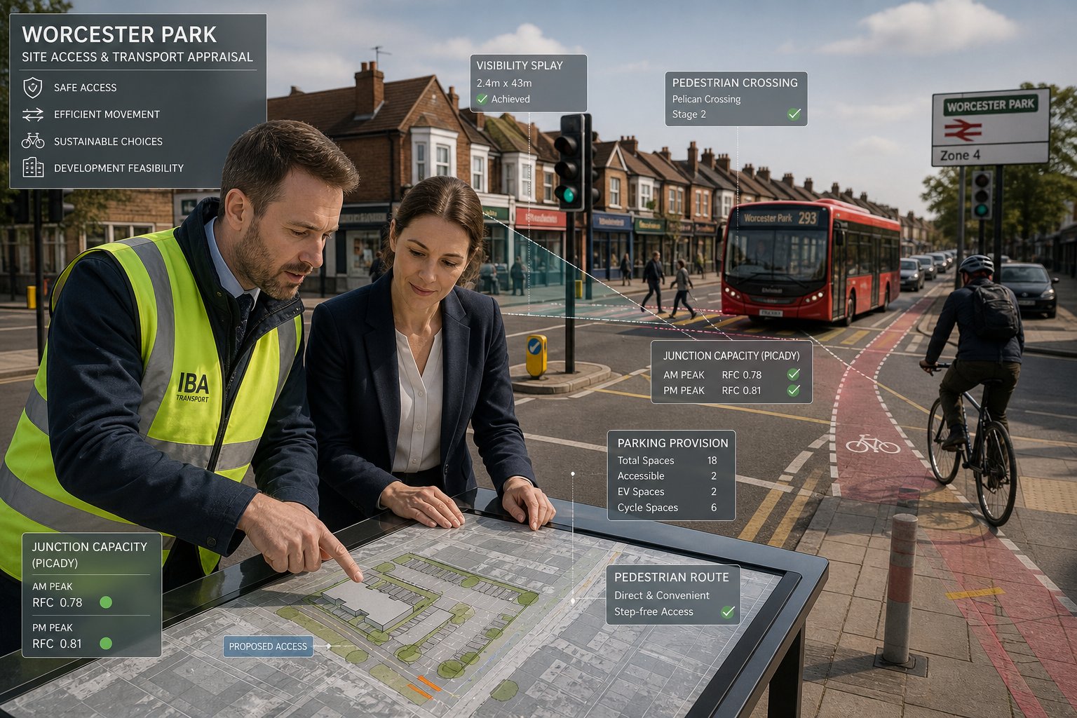 Traffic engineer reviewing development access on a Worcester Park street.