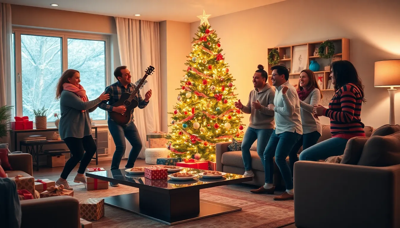 Friends and family dancing around a decorated Christmas tree.