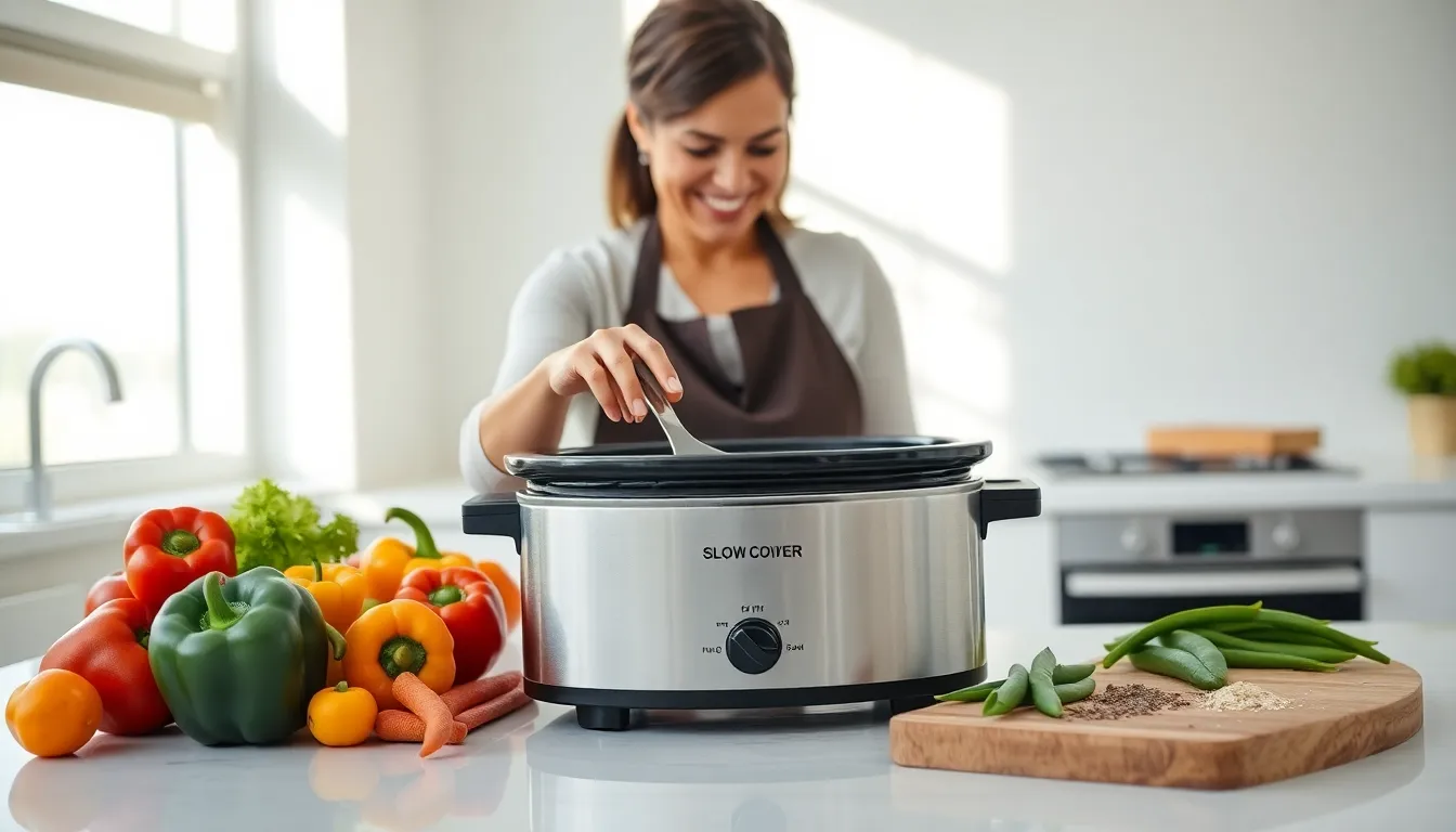 A woman cooking healthy chicken in a modern slow cooker.