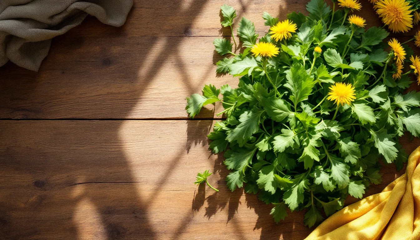 Fresh bitter greens, turmeric, lime, ginger, and beets on a wooden kitchen table.