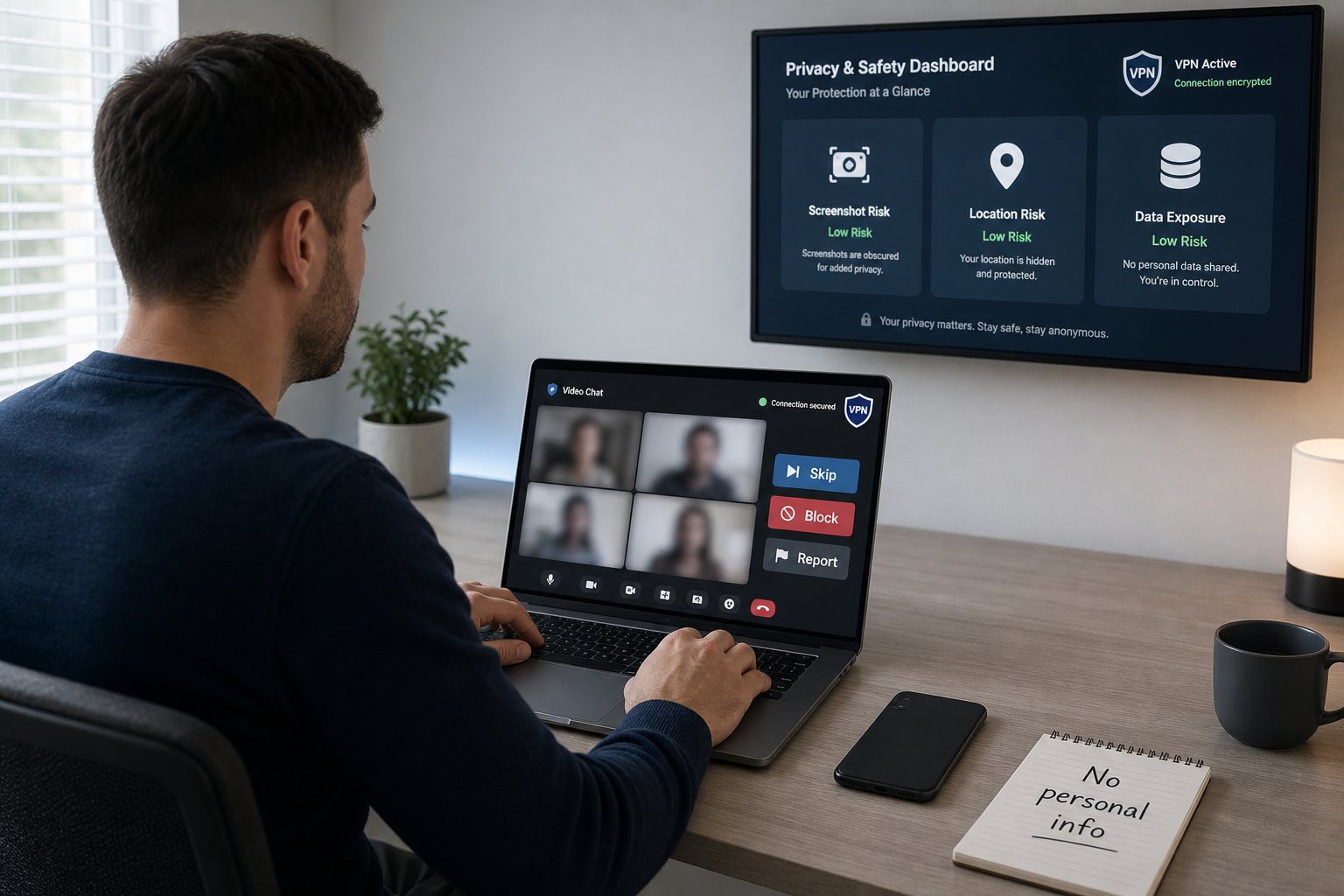 Professional using a laptop with video chat safety and privacy controls visible.