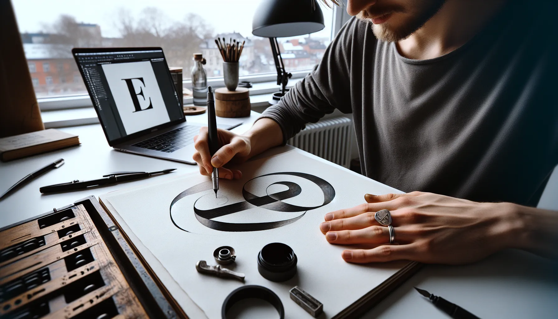 Designer draws a letter with a broad nib beside laptop font editor.