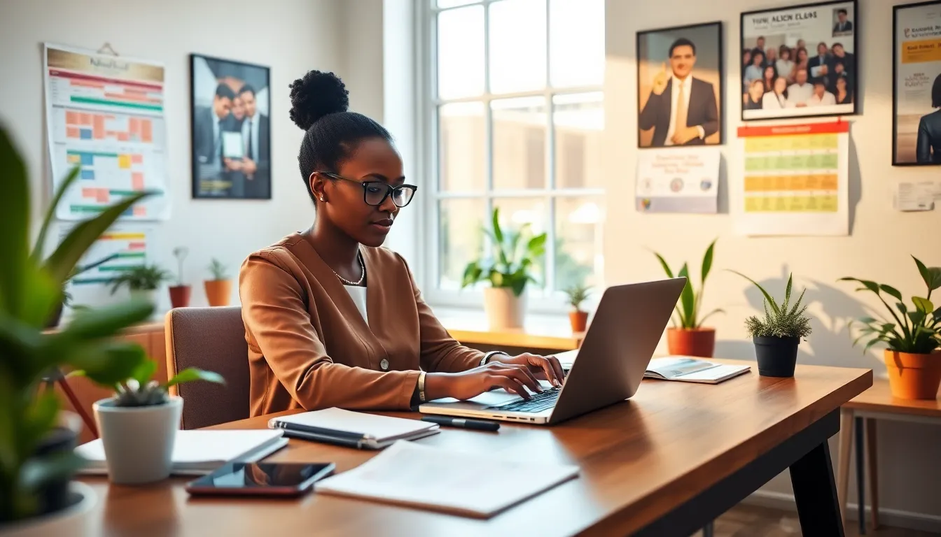 A woman planning events, typing on a laptop in a bright office.