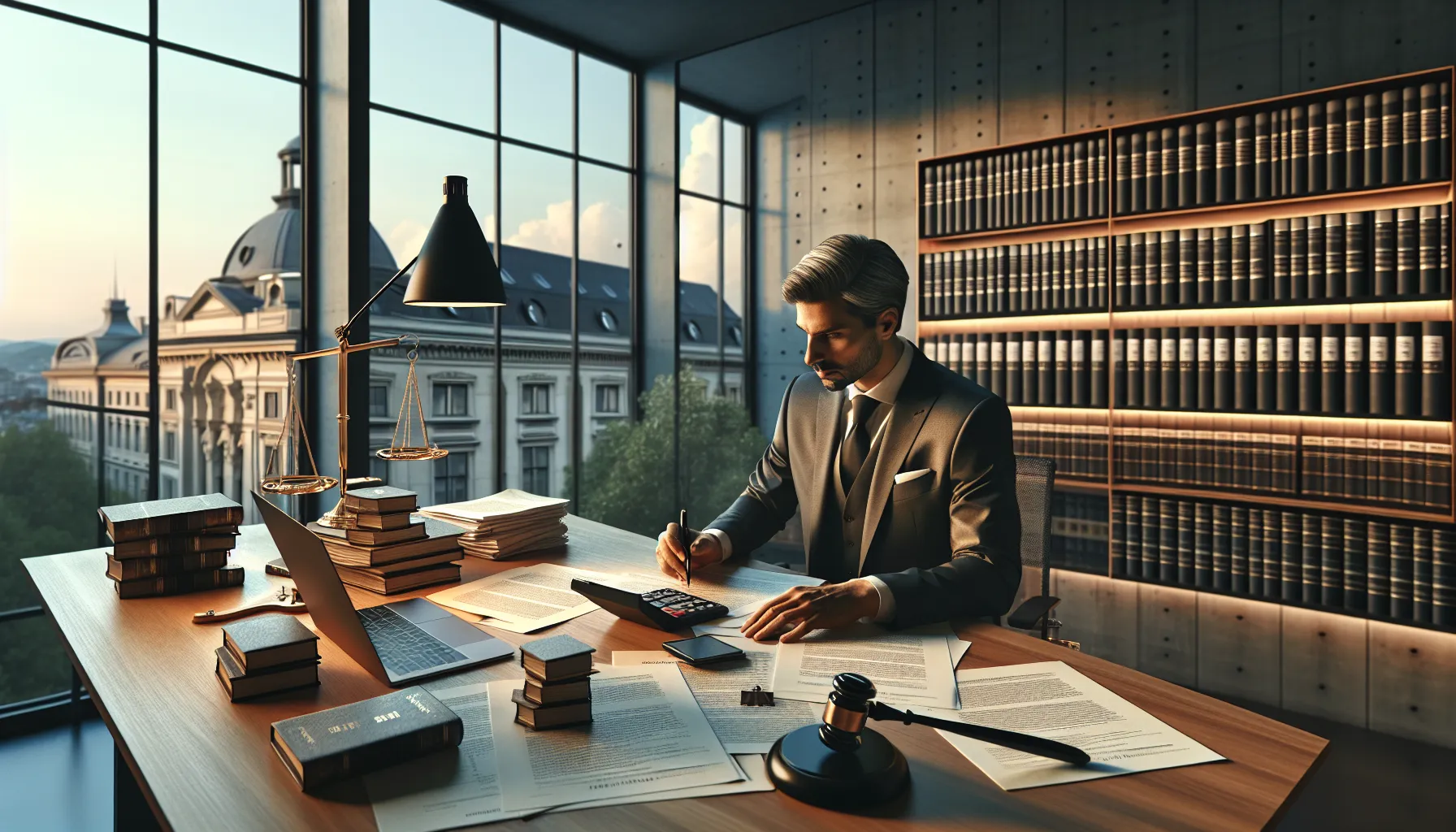 Croatian family law attorney reviewing costs at modern office desk