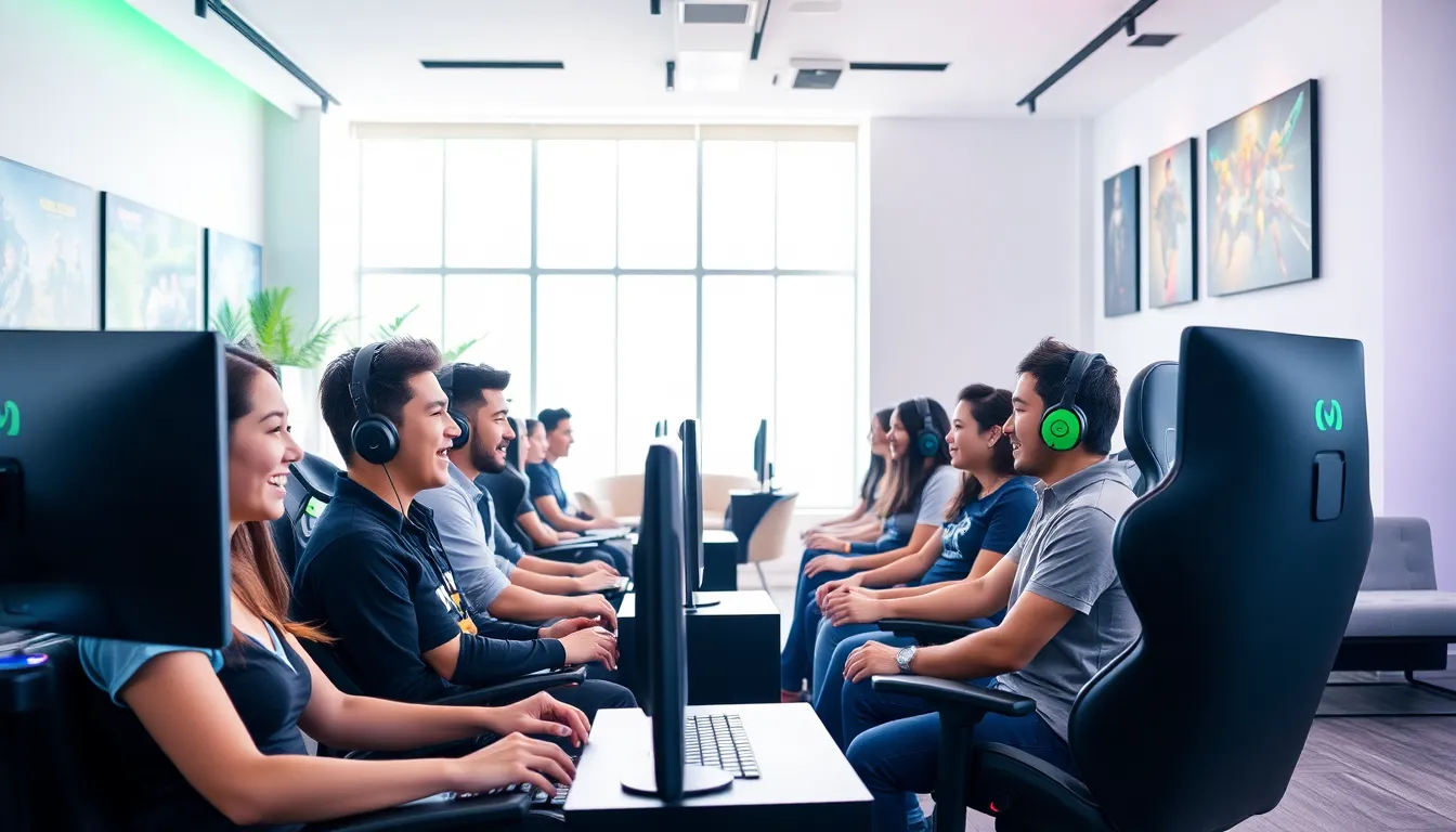 diverse gamers in a modern gaming lounge environment.