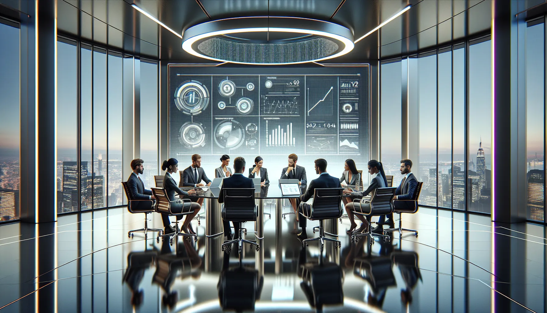 diverse team discussing technology in a modern conference room.