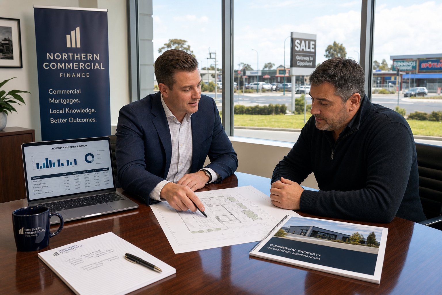 Business owner and adviser reviewing commercial property finance documents in a modern office.