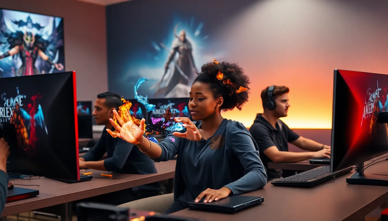 diverse group of gamers focusing on elemental magic in a modern gaming setup.