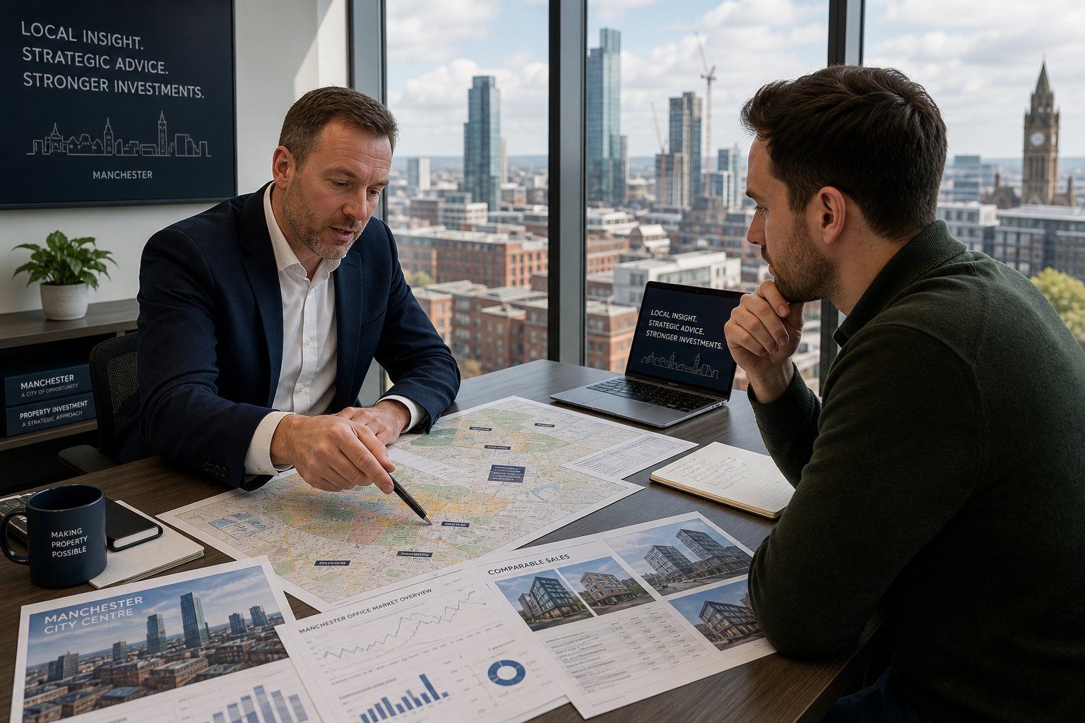 Property adviser and client reviewing Manchester market information and commercial property comparisons in a meeting room.