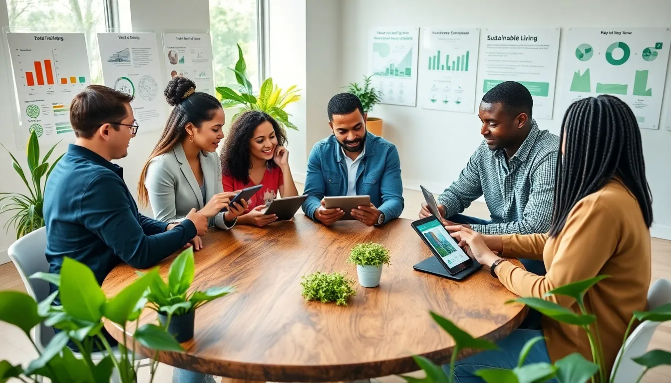 diverse group discussing sustainable living in a modern workspace.