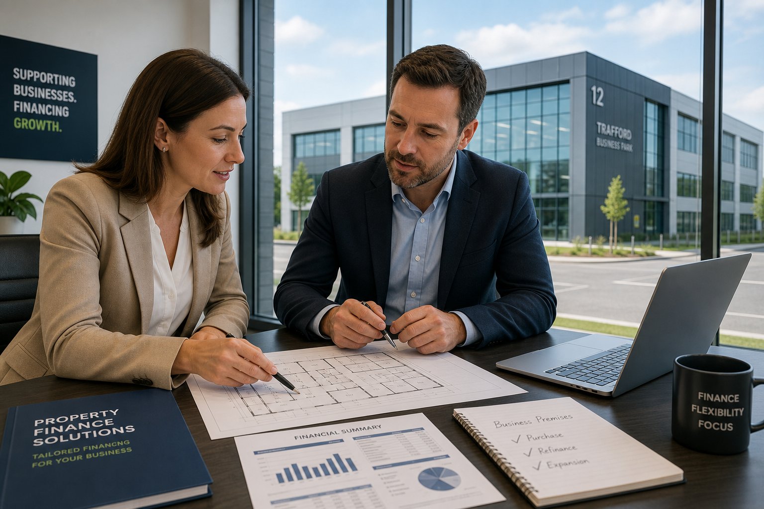 Professionals reviewing plans and finance papers in a bright office overlooking a modern commercial property in Trafford.