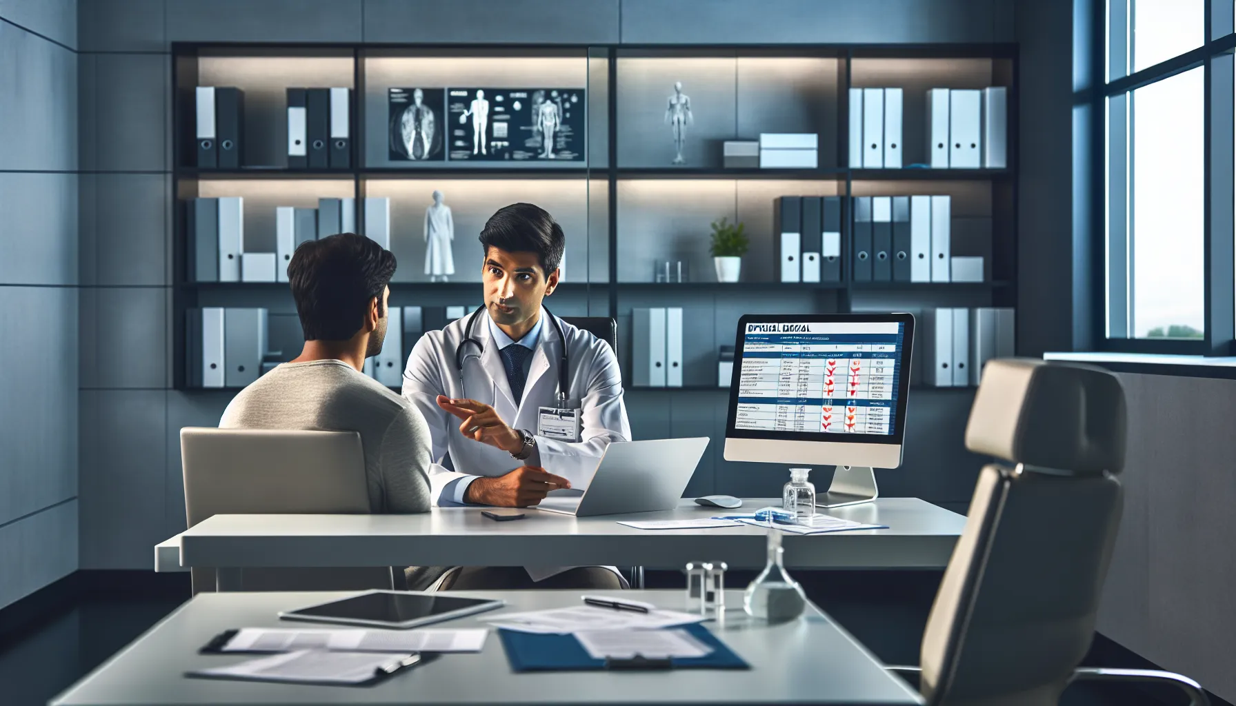 Croatian doctor explaining medical compensation tables to patient in modern office.