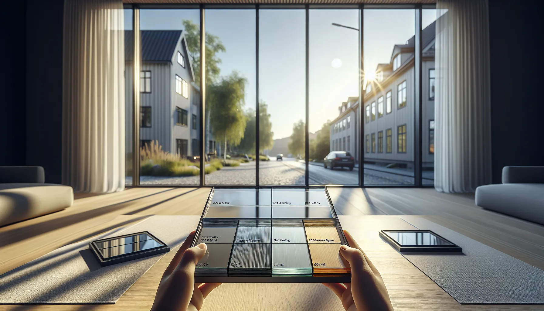 Hands compare multiple glass types by a large norwegian window.