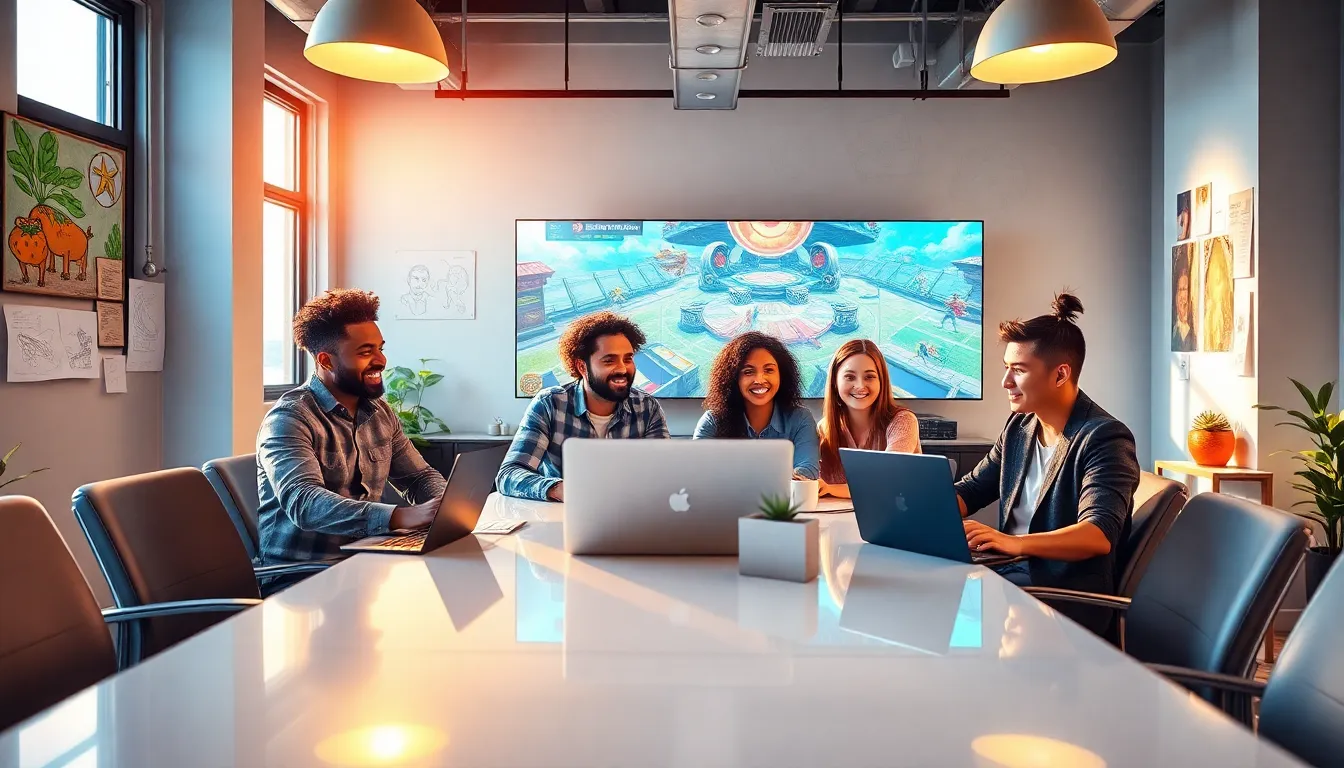 diverse team collaborating in a colorful gaming studio.