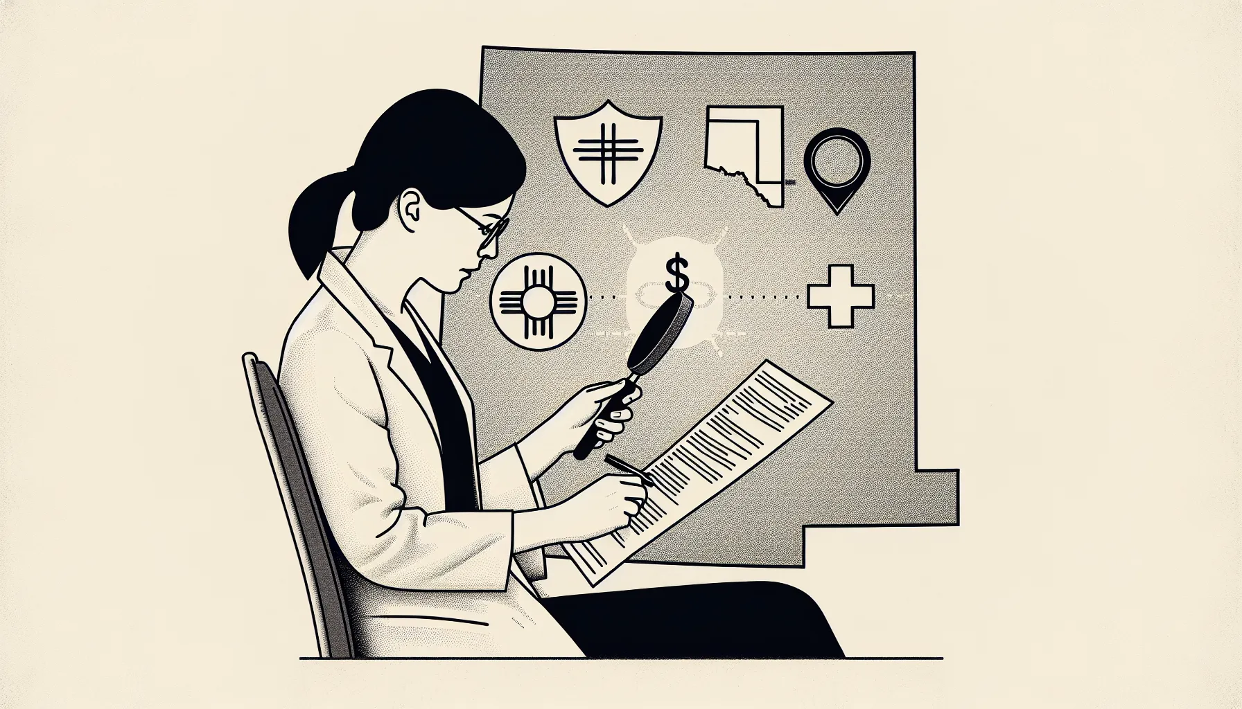 Dentist examining a contract over a New Mexico map with four labeled icons of New Mexico Dental Contract Review.