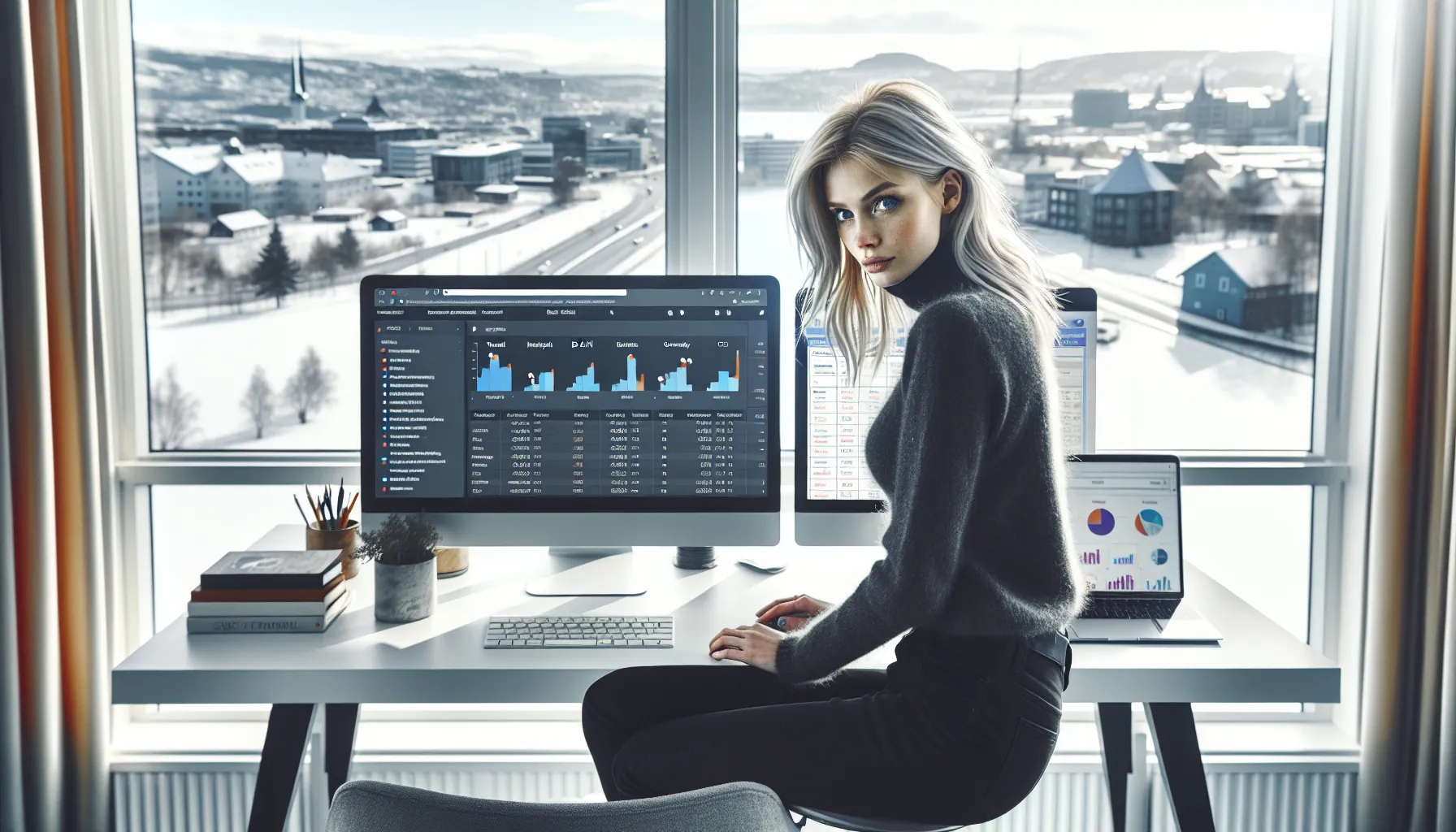 Internasjonal seo: slik rangerer du globalt 3 Norwegian marketer analyzes global seo dashboards and market rankings in a bright office.