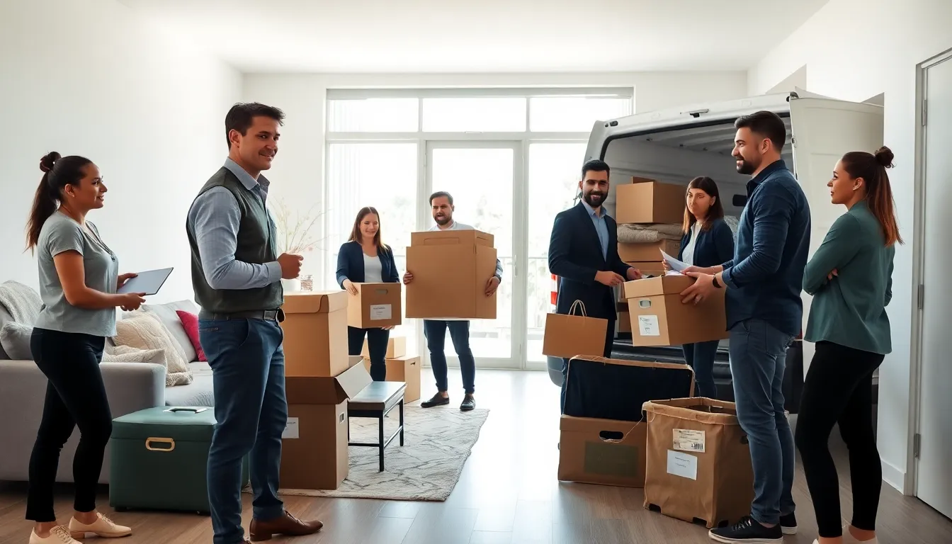 A diverse team conducting a professional home cleanout in a bright living space.