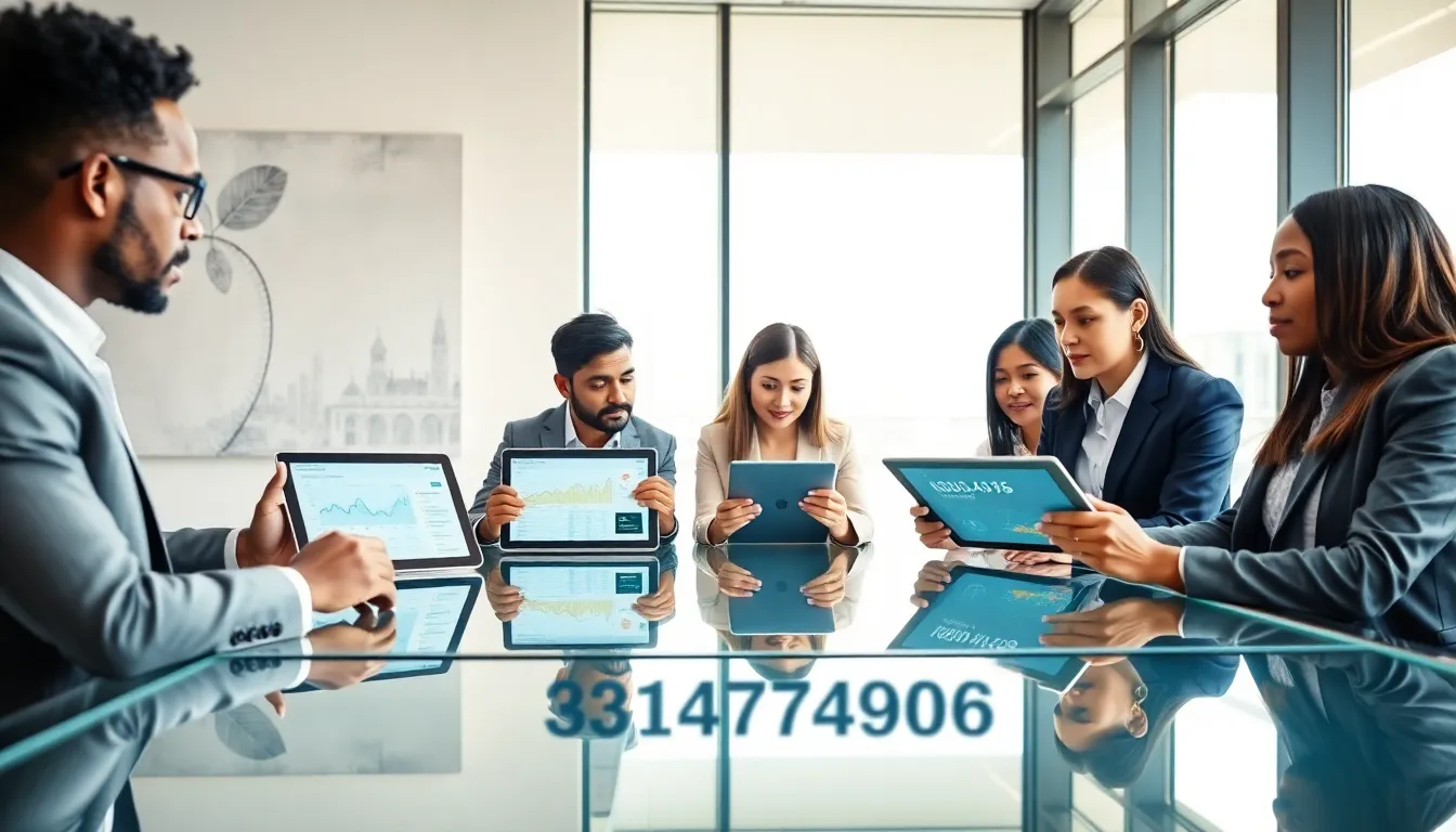 diverse professionals discussing data in a modern office.