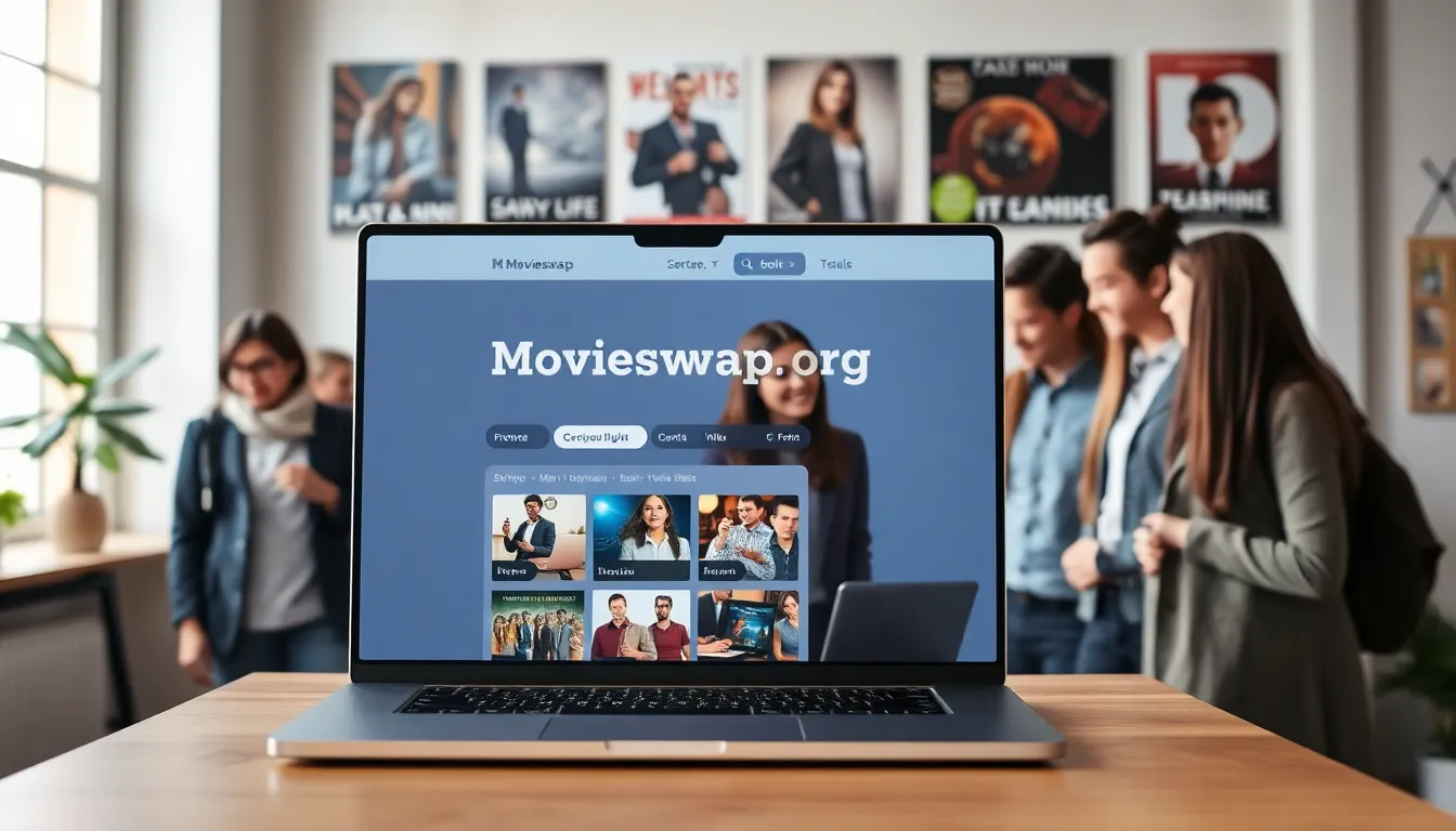 diverse group discussing movies around a laptop in a modern office.