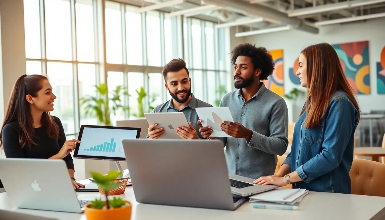 diverse team collaborating in a modern tech startup office.