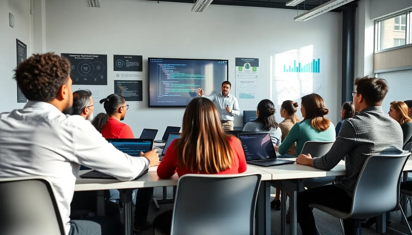 students engaged in a coding bootcamp in a modern classroom.