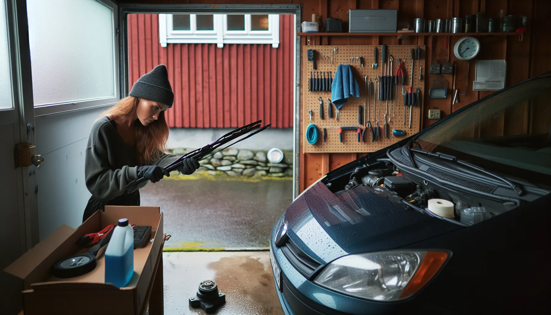 Norwegian woman replaces a wiper blade in her garage to save costs.