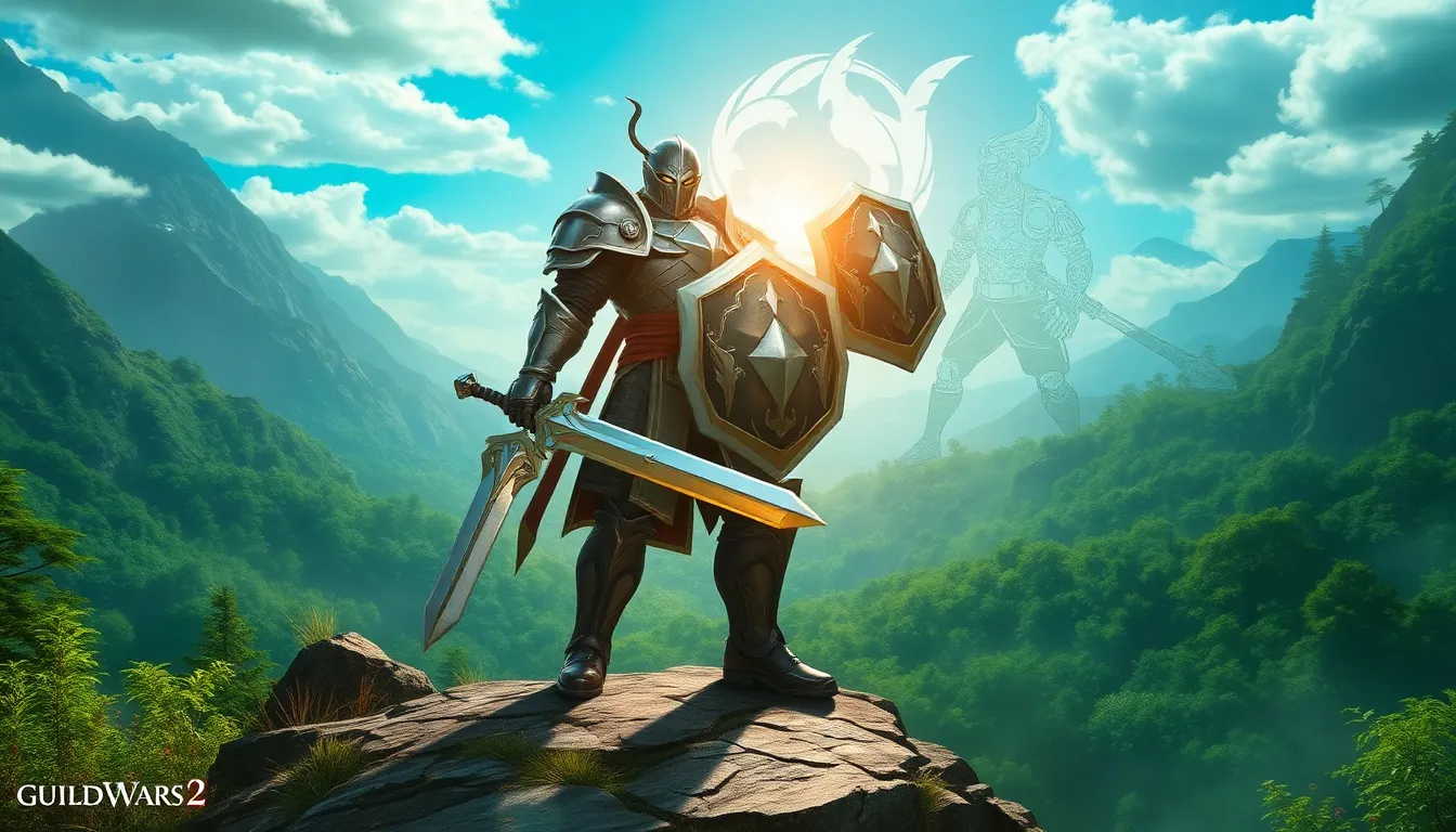 A Guardian from Guild Wars 2 stands strong in a fantasy landscape.