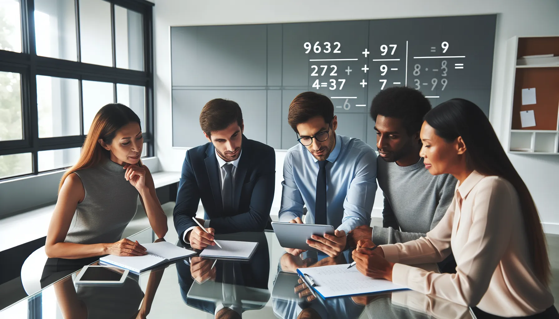 professionals collaborating on math problems in a modern classroom.