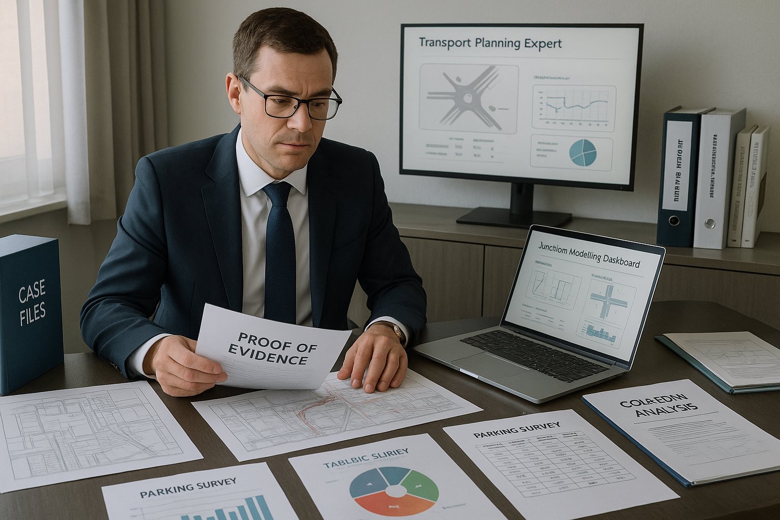 Transport planning expert reviewing evidence and traffic reports in a modern office.