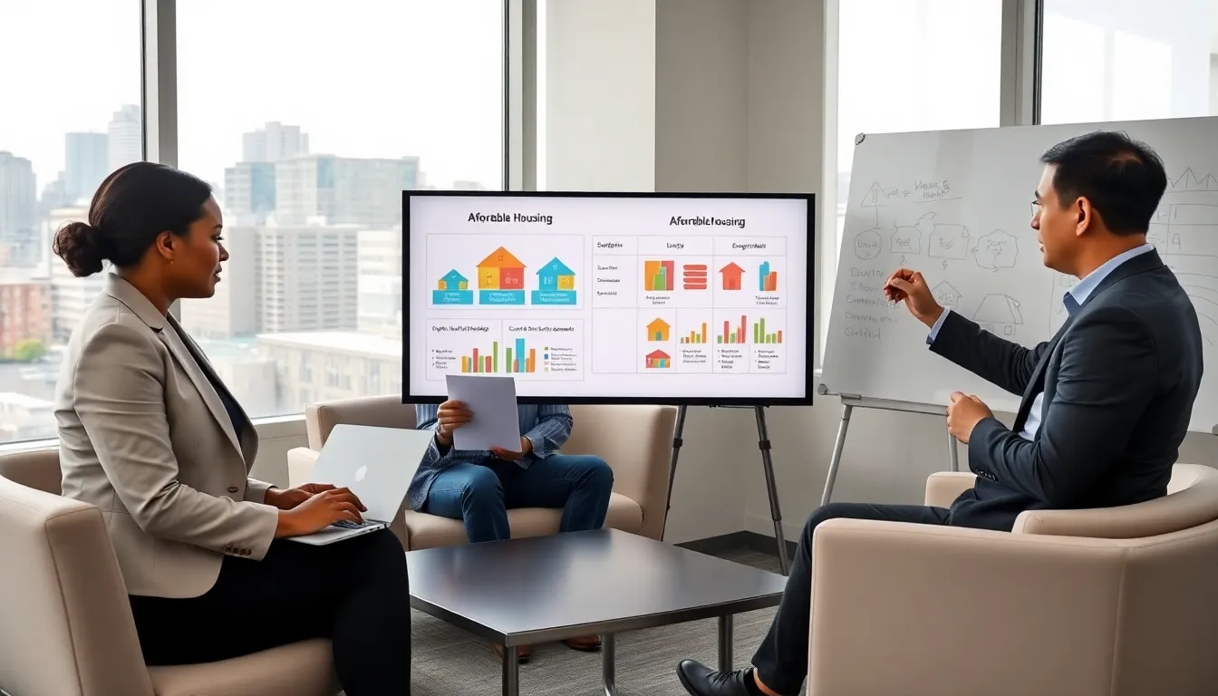 diverse professionals discussing types of affordable housing in a modern office.