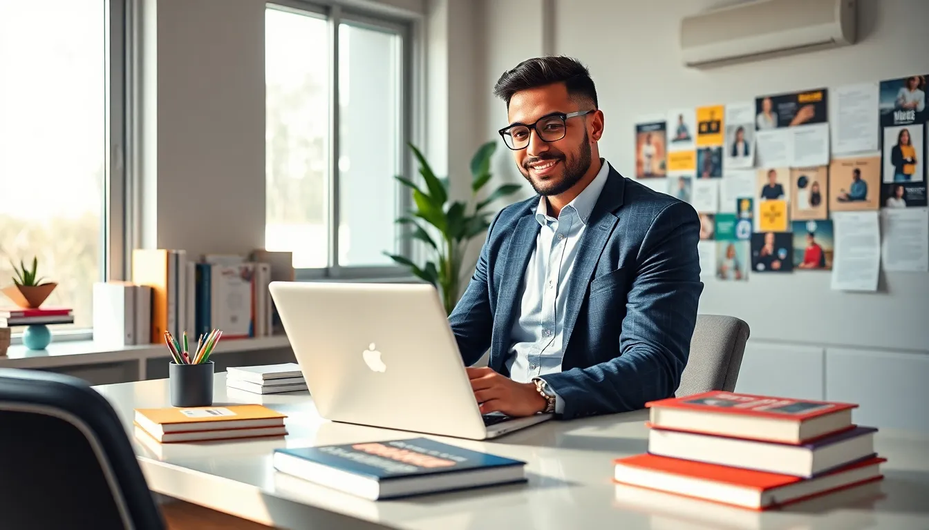 Frank Fisher working at a modern desk with creative materials.
