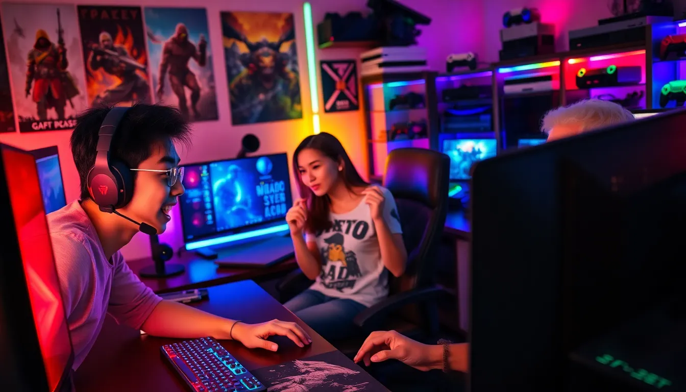 gamers in a gaming room engaged in multiplayer sessions.
