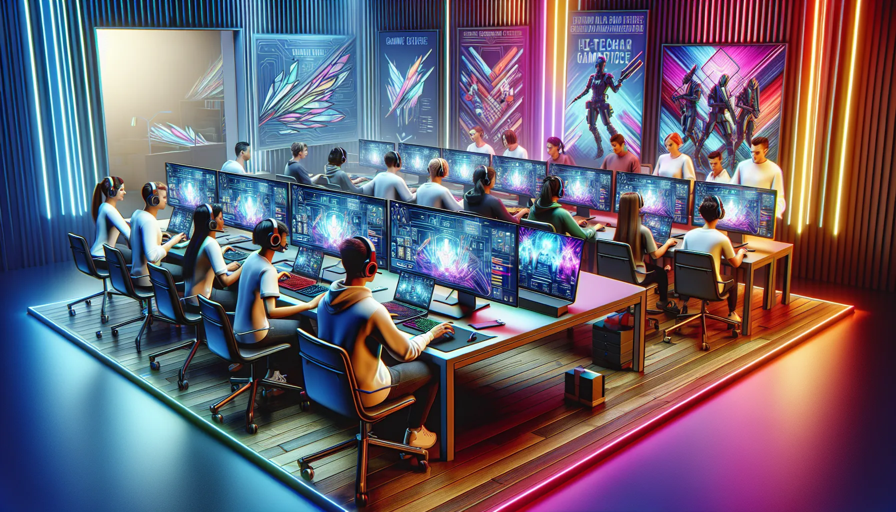 diverse gamers customizing profiles in a modern digital workspace.