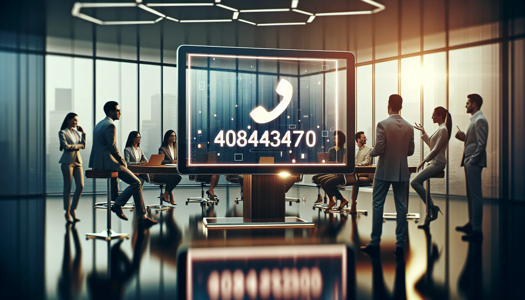 tablet displaying the number 4084304770 in a professional office setting.