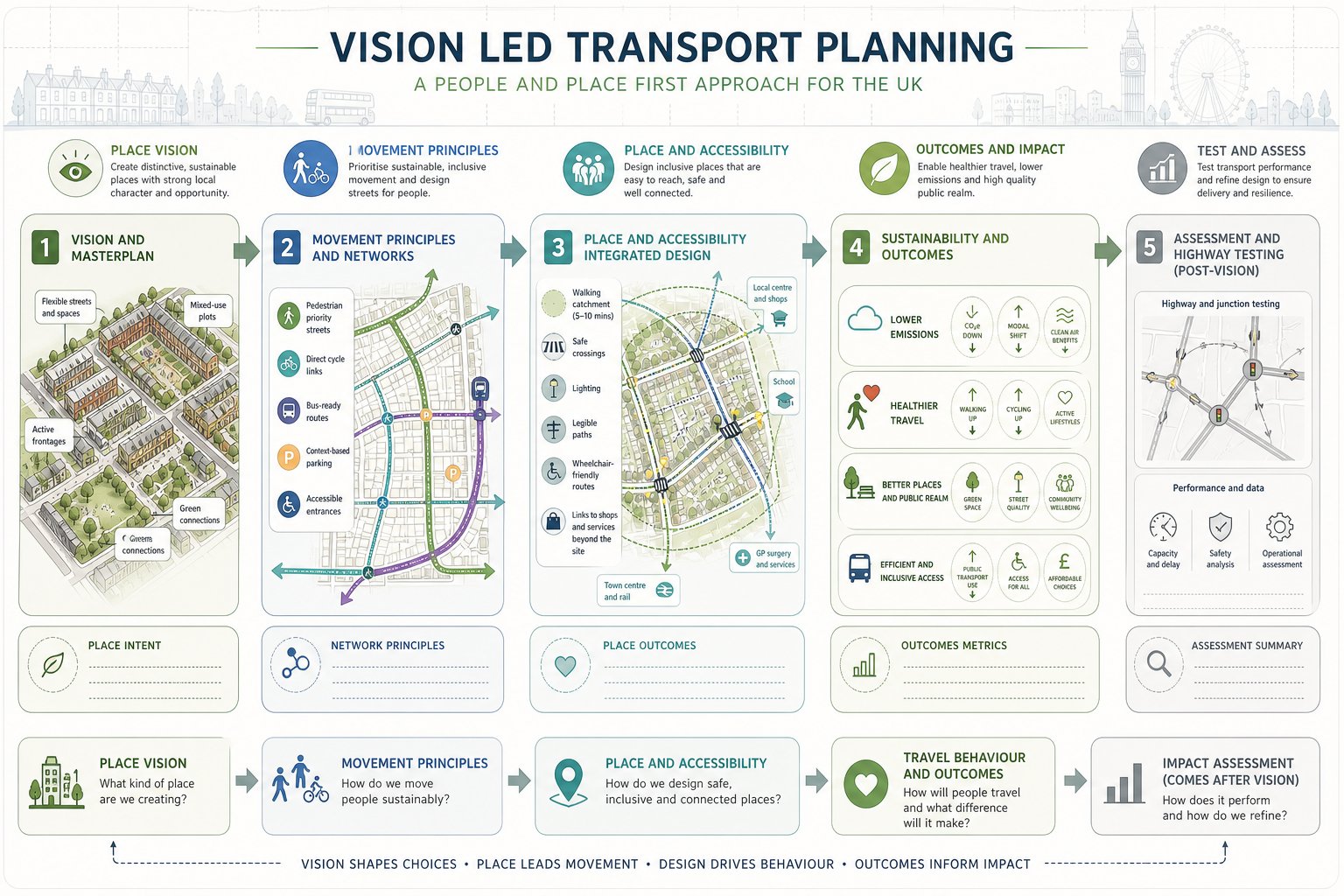 Infographic showing vision-led transport planning from place design to impact testing.