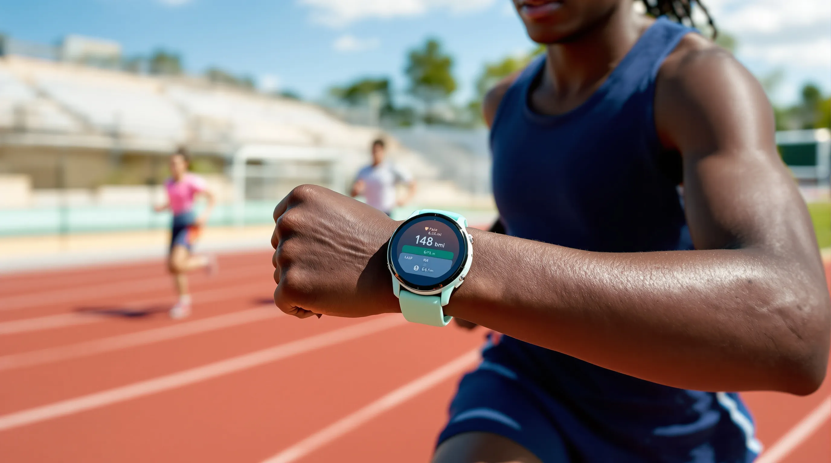 Teen runner checks bright Garmin watch during midday high school track practice.