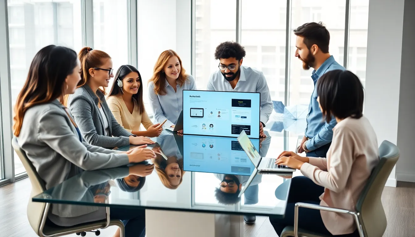 diverse team discussing custom business application development in a modern office.