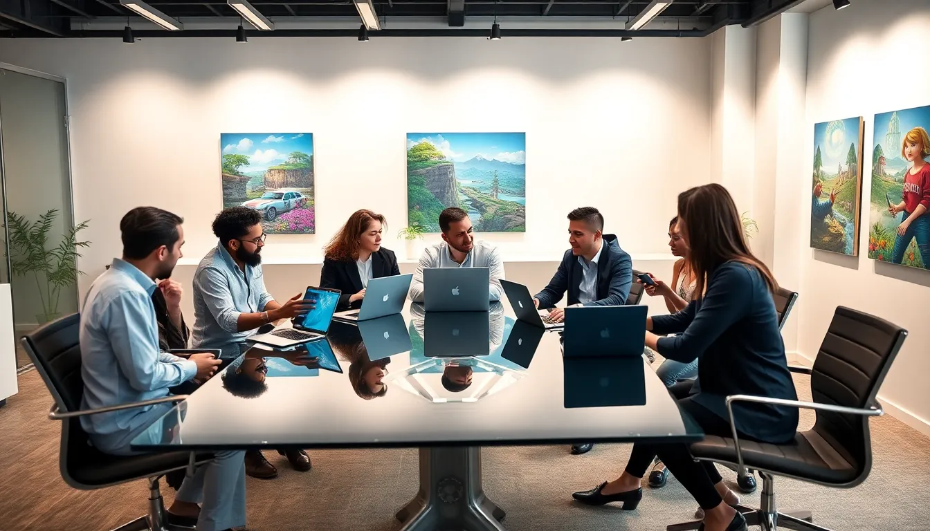 diverse team brainstorming in a modern office setting.