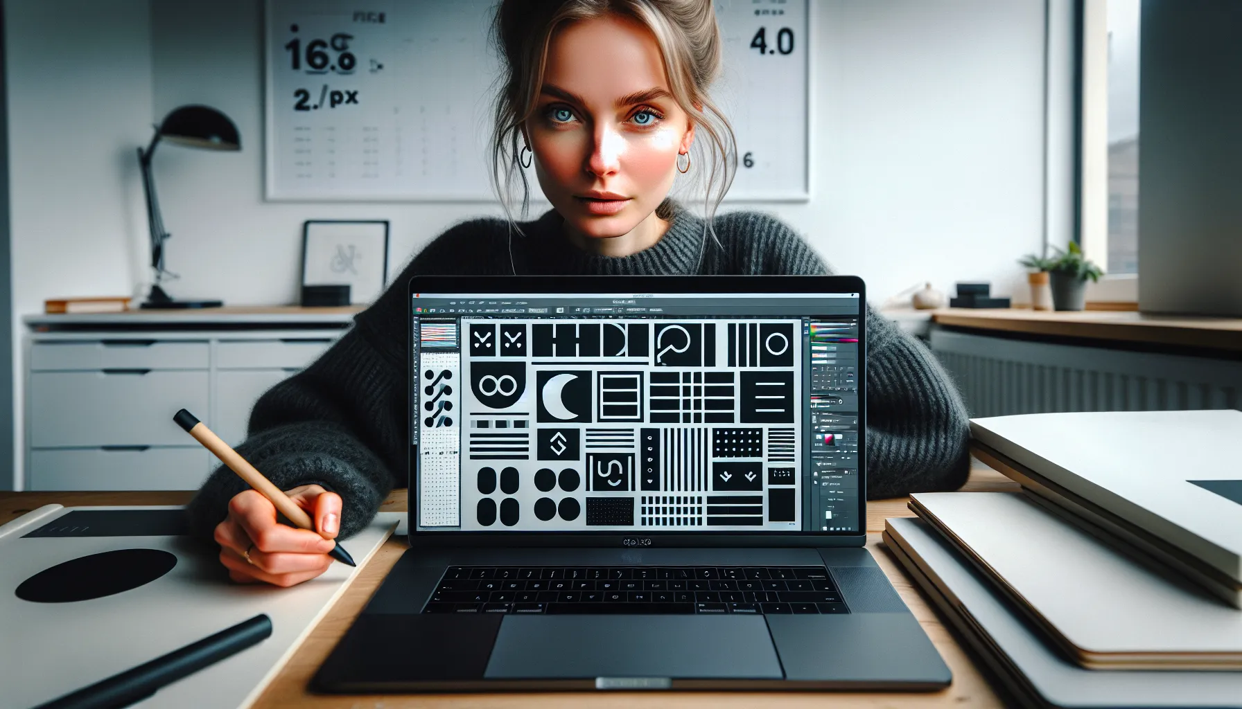 Designer testing tiny logo versions on a laptop in a nordic studio.