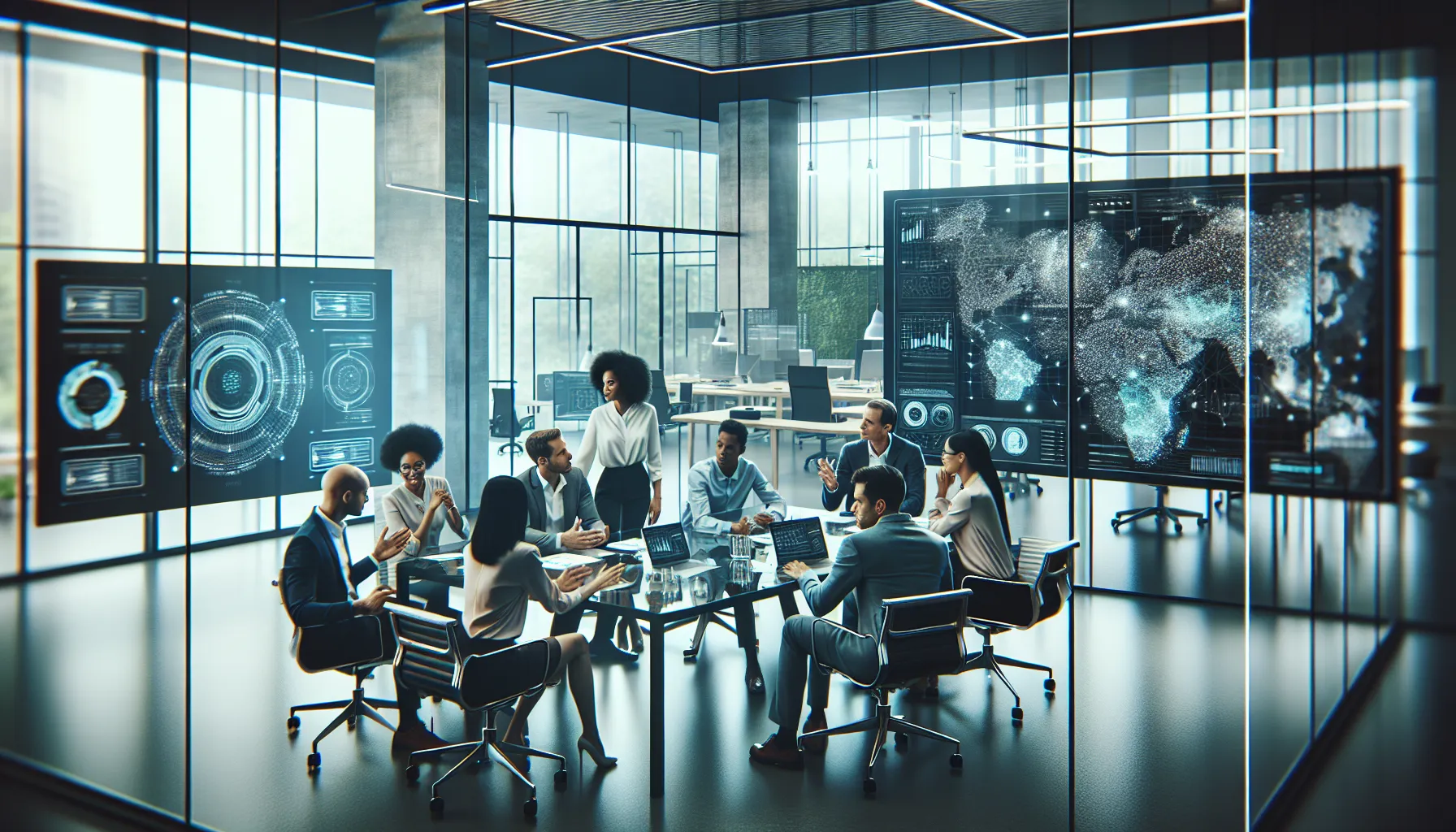 diverse team collaborating on future trends in a modern office.