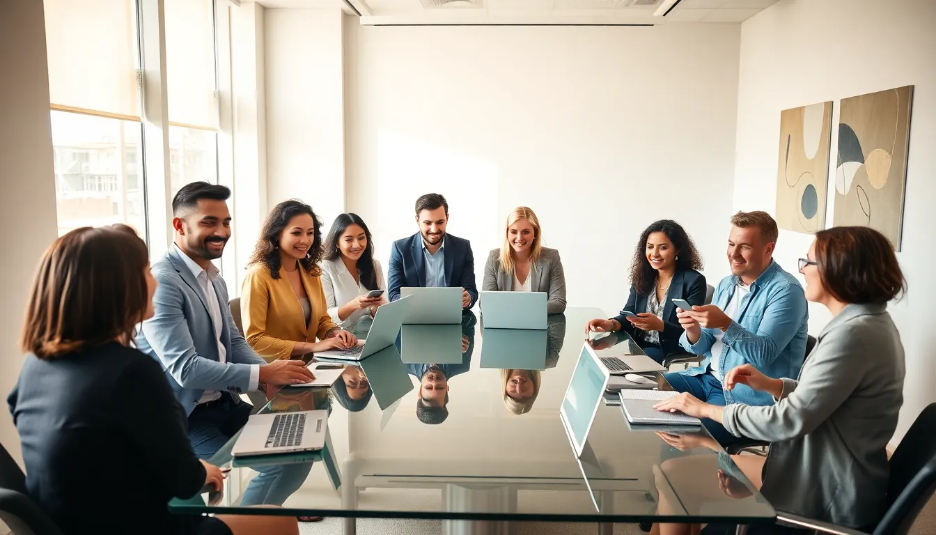diverse professionals discussing connections at a modern conference table.