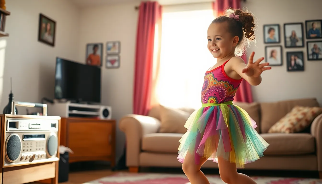 young dancer practicing in a cozy living room.