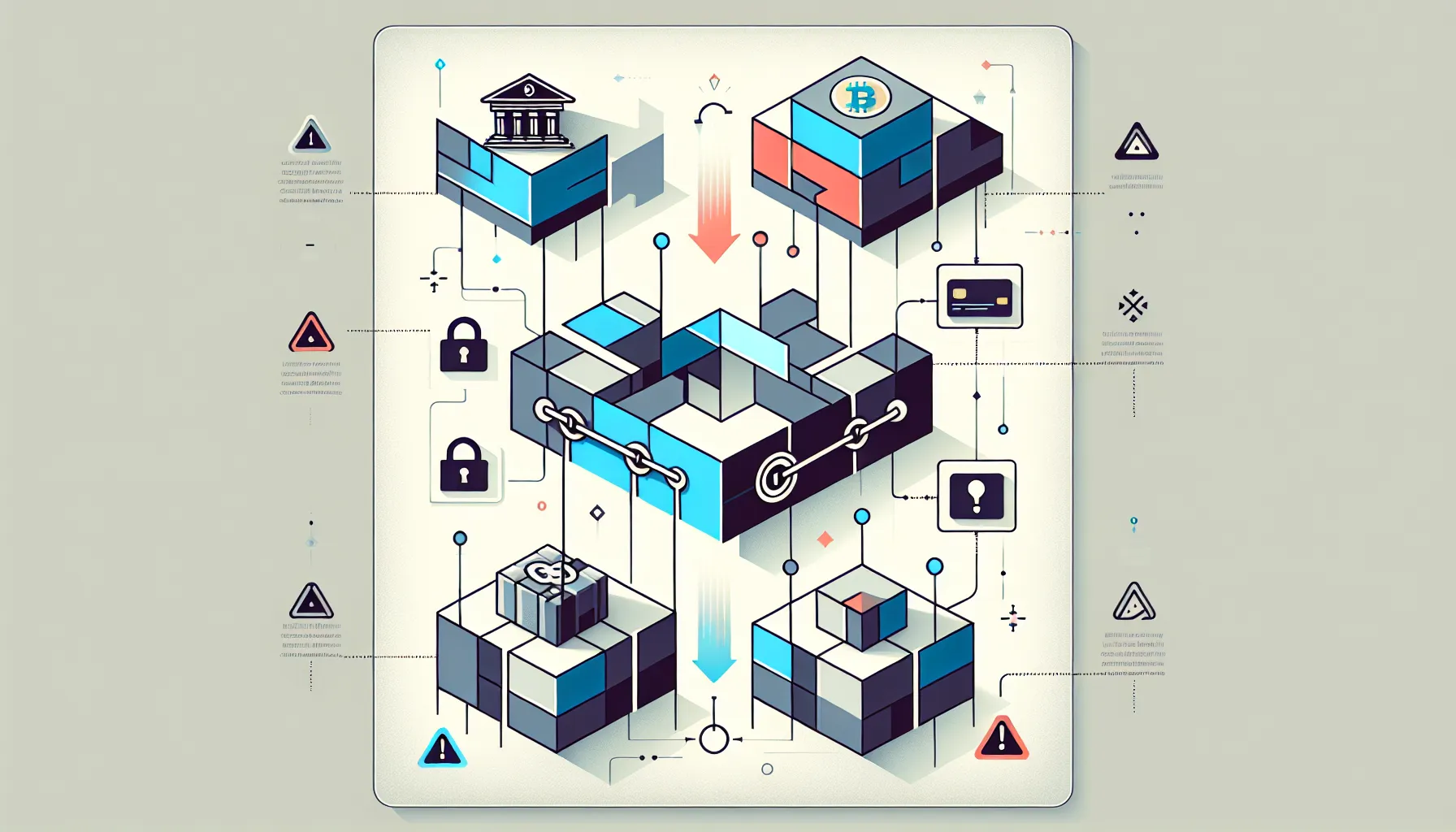 Comparison of traditional banking reversibility versus irreversible blockchain crypto transactions with warning symbols.