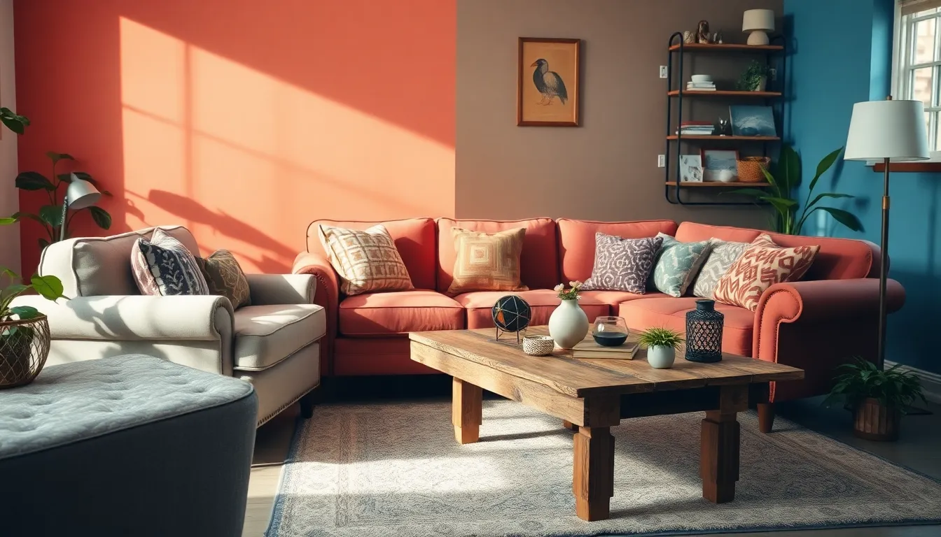 stylish living space with eclectic thrifted furniture and wall decor.