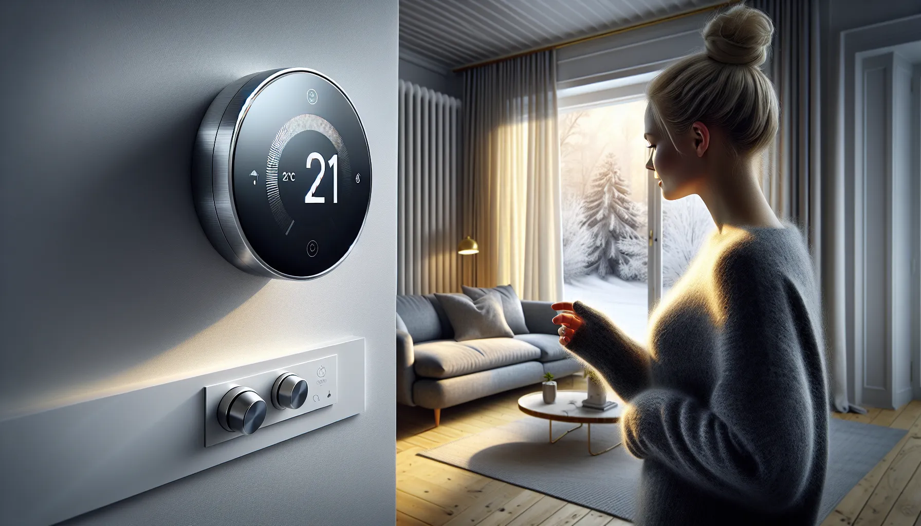 Hvordan bruke termostater for å redusere energiforbruket 3 Woman adjusts smart thermostat; app shows zoned heating in norwegian home.