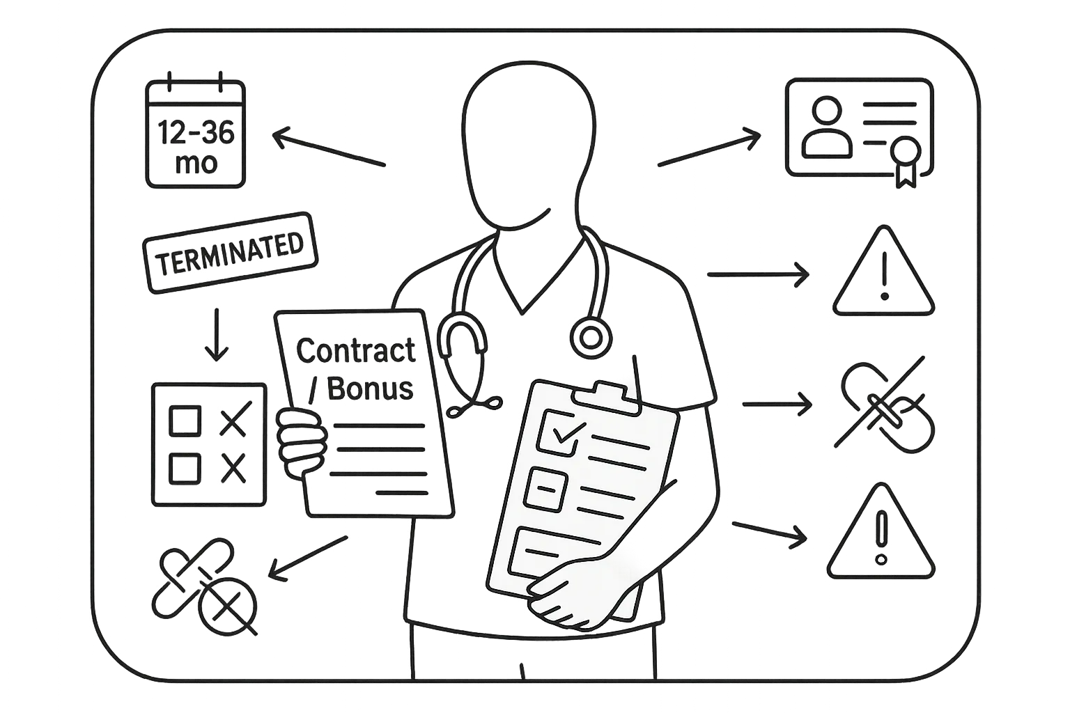 Physician assistant holding a contract with icons showing common repayment triggers.