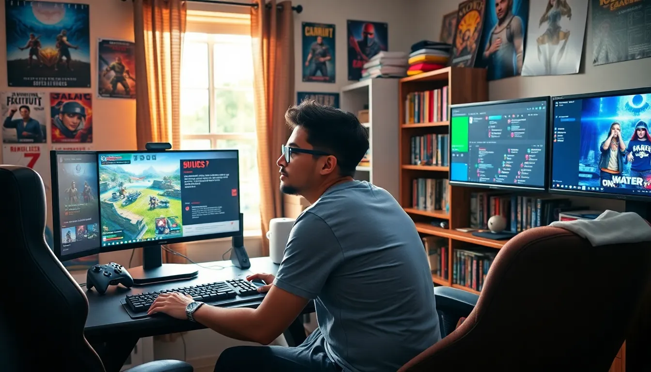 A gamer focused on gaming guides in a vibrant, decorated room.